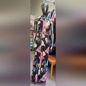 Ted Baker Black Floral Wide-Leg Jumpsuit with Pink and Green Accents